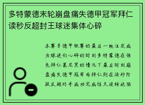 多特蒙德末轮崩盘痛失德甲冠军拜仁读秒反超封王球迷集体心碎